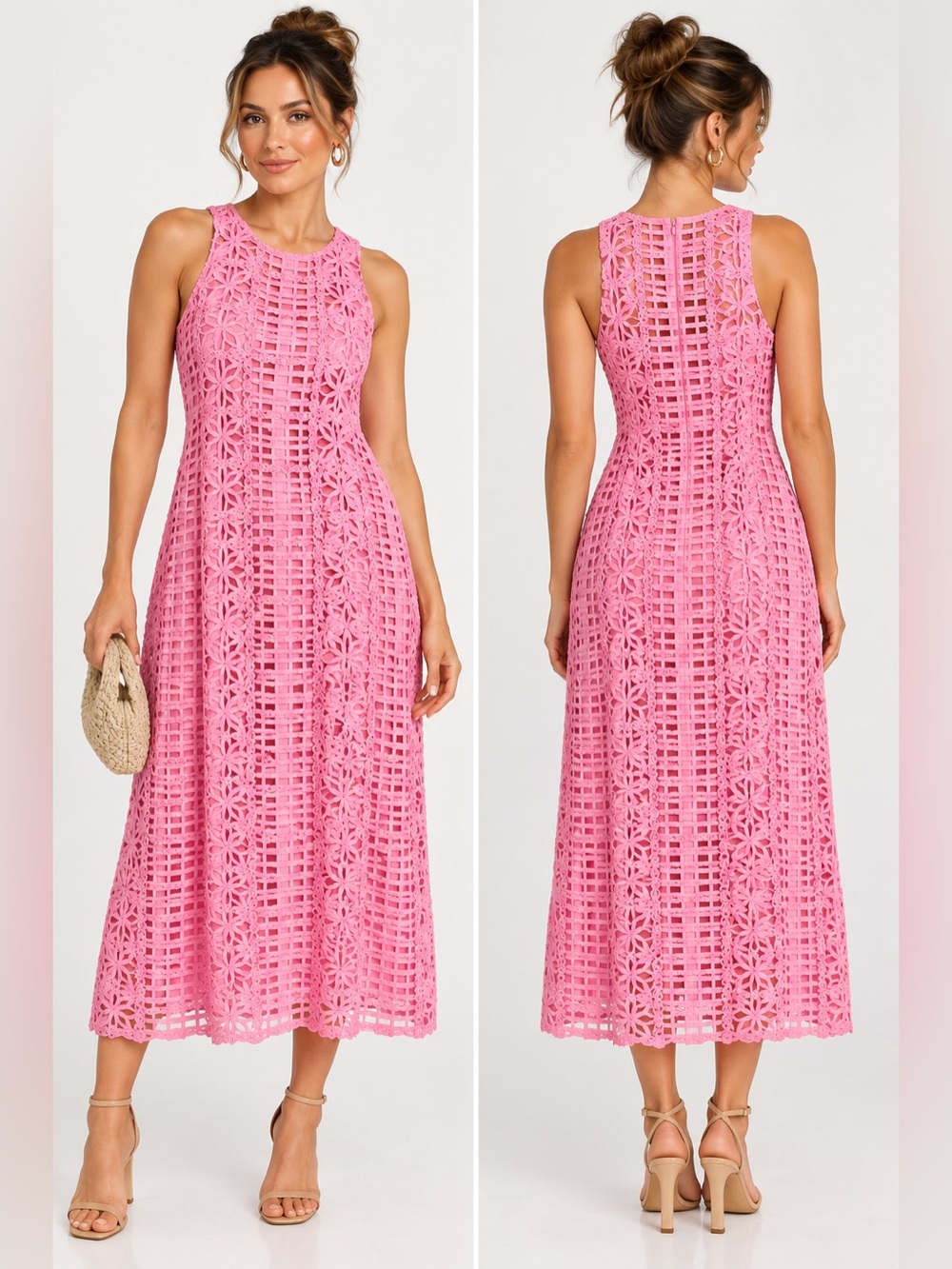 Pink Lace Overlay Sleeveless Shift midi Dress - Brand